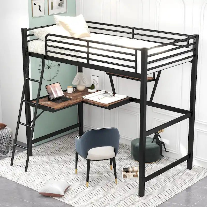 Cama alta de metal individual con escritorio en forma de L y estante