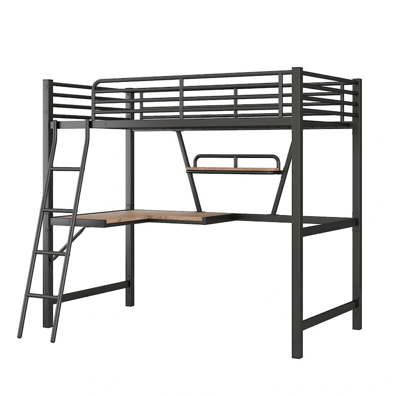 Cama alta de metal individual con escritorio en forma de L y estante
