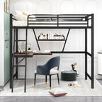 Cama alta de metal individual con escritorio en forma de L y estante