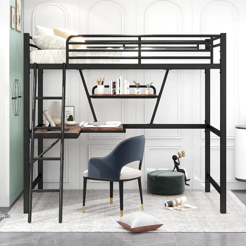 Cama alta de metal individual con escritorio en forma de L y estante