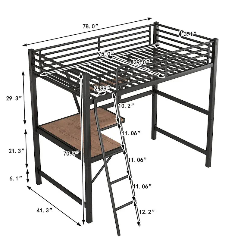 Cama alta de metal individual con escritorio en forma de L y estante