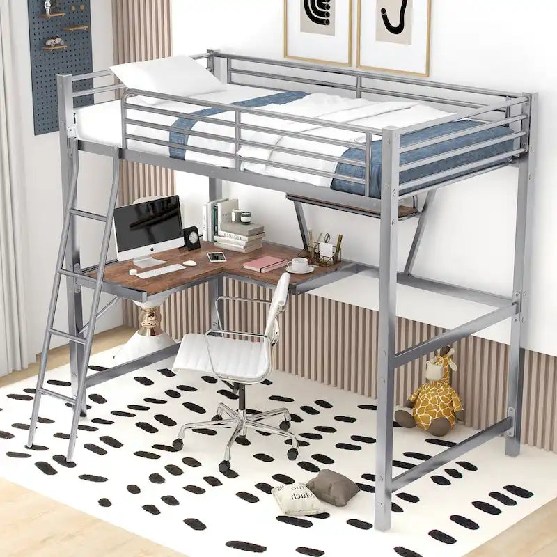 Cama alta de metal individual con escritorio en forma de L y estante