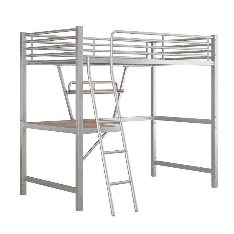 Cama alta de metal individual con escritorio en forma de L y estante