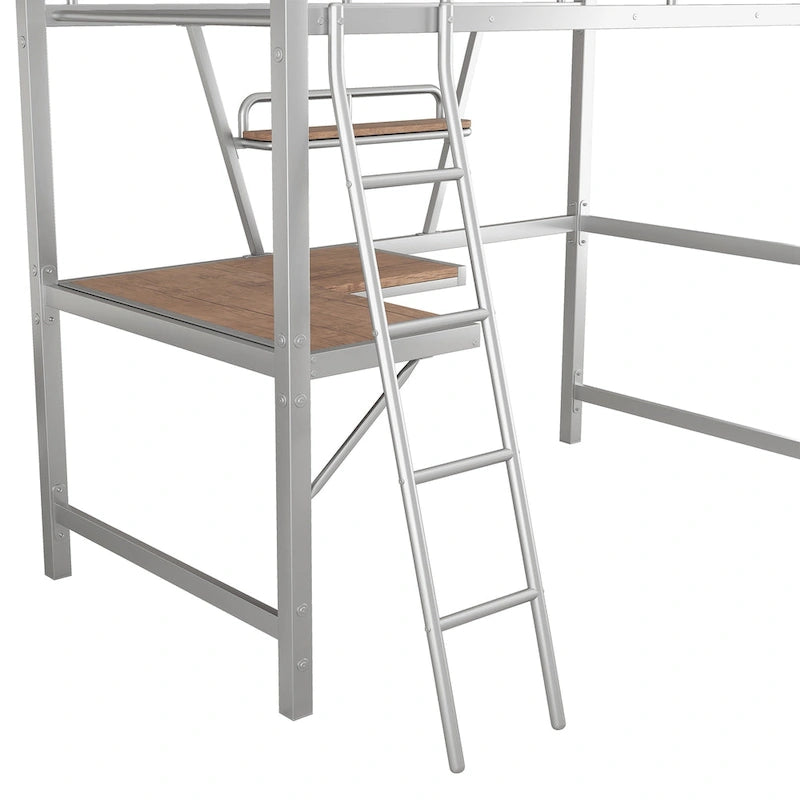 Cama alta de metal individual con escritorio en forma de L y estante