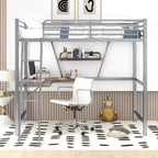 Cama alta de metal individual con escritorio en forma de L y estante