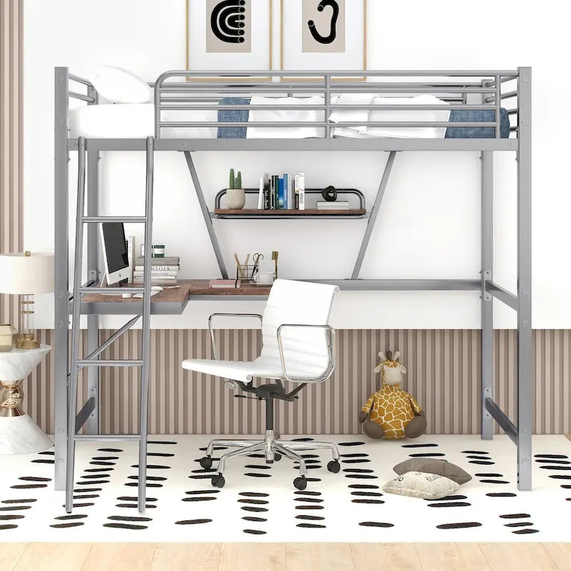 Cama alta de metal individual con escritorio en forma de L y estante