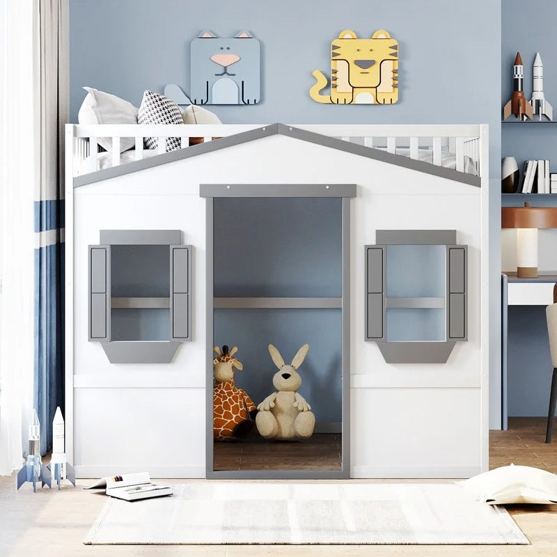 Cama alta tipo loft con diseño de casa de tamaño completo con escalera y ventanas