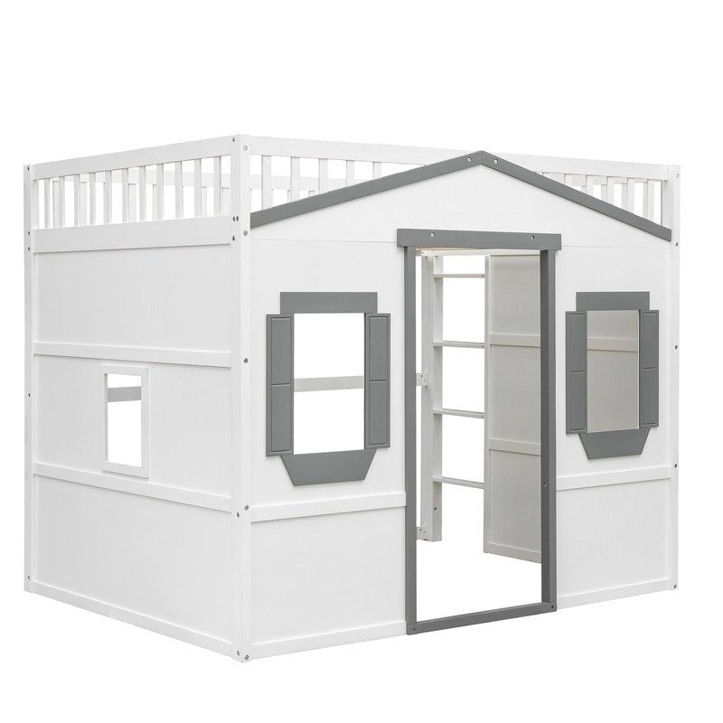 Cama alta tipo loft con diseño de casa de tamaño completo con escalera y ventanas
