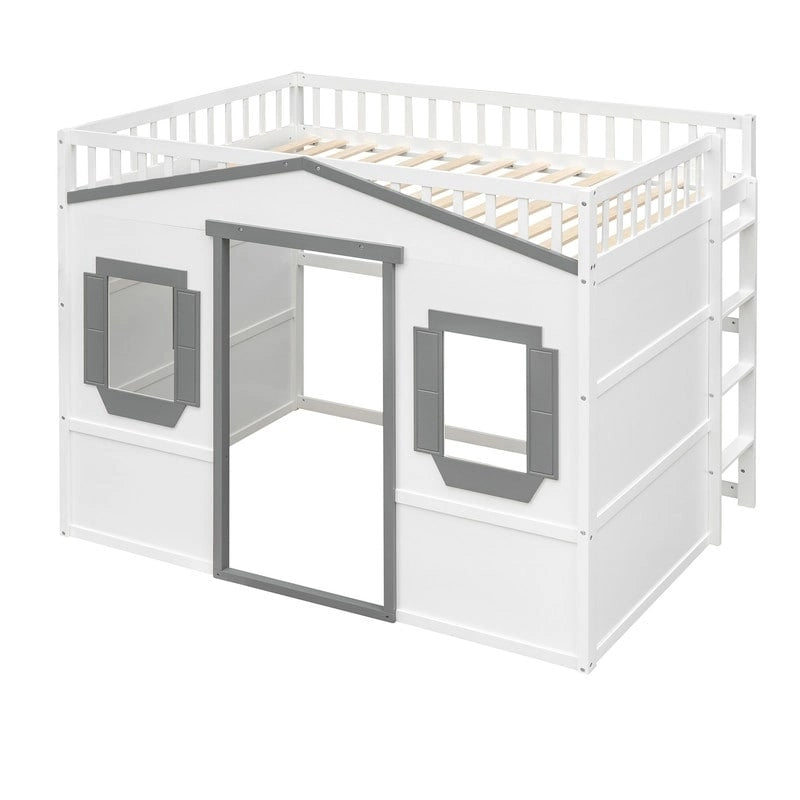 Cama alta tipo loft con diseño de casa de tamaño completo con escalera y ventanas
