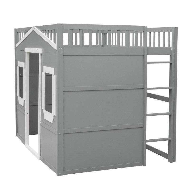 Cama alta tipo loft con diseño de casa de tamaño completo con escalera y ventanas