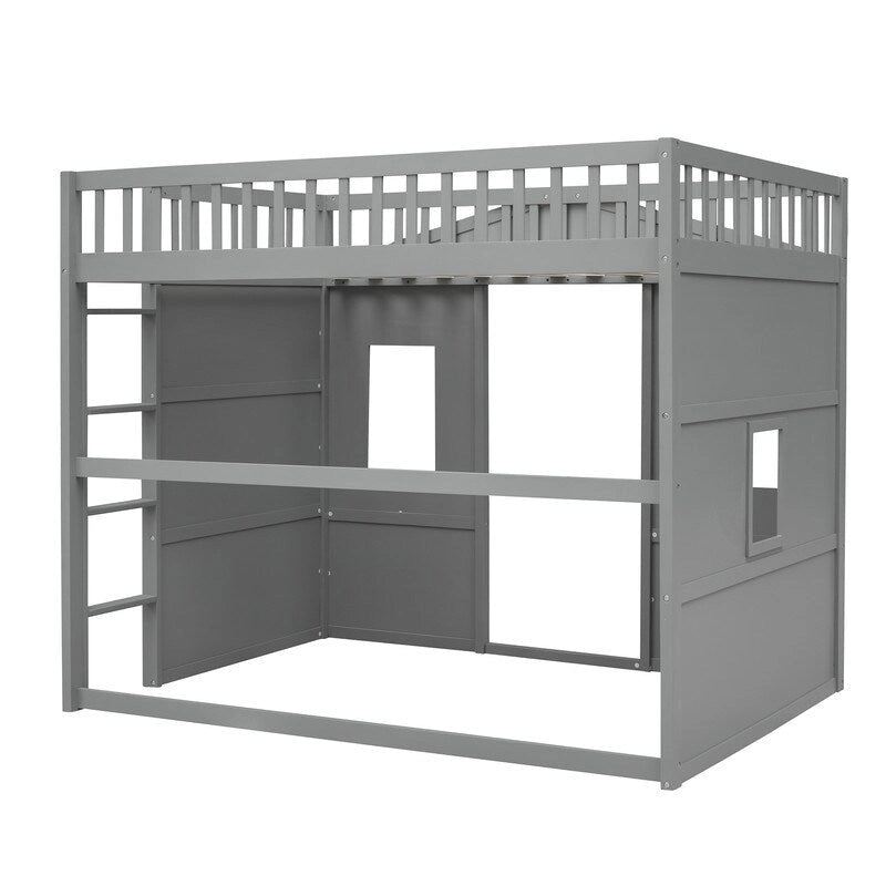 Cama alta tipo loft con diseño de casa de tamaño completo con escalera y ventanas