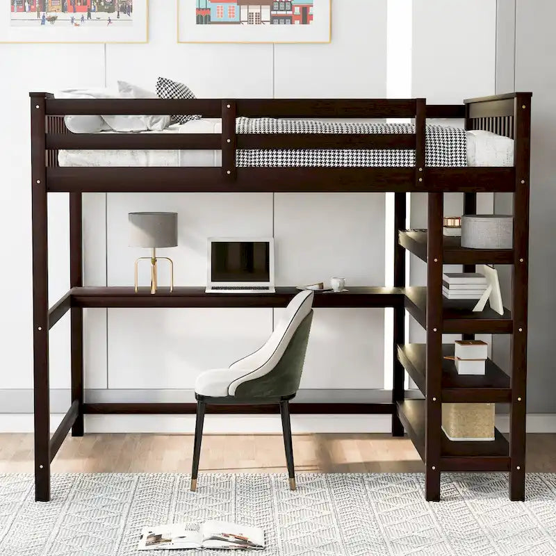 Cama alta de tamaño completo con estantes de almacenamiento y escritorio debajo de la cama, Espresso