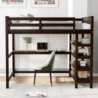 Cama alta de tamaño completo con estantes de almacenamiento y escritorio debajo de la cama, Espresso