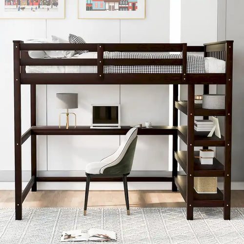 Cama alta de tamaño completo con estantes de almacenamiento y escritorio debajo de la cama, Espresso