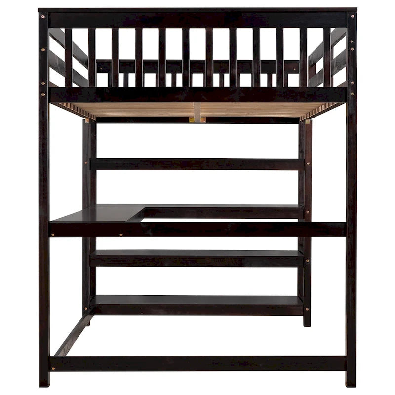 Cama alta de tamaño completo con estantes de almacenamiento y escritorio debajo de la cama, Espresso