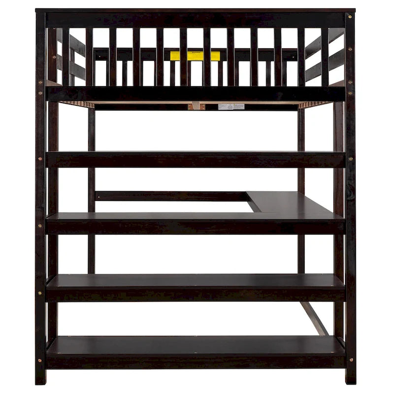 Cama alta de tamaño completo con estantes de almacenamiento y escritorio debajo de la cama, Espresso