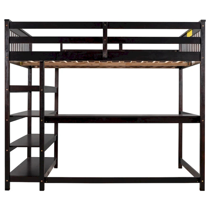 Cama alta de tamaño completo con estantes de almacenamiento y escritorio debajo de la cama, Espresso