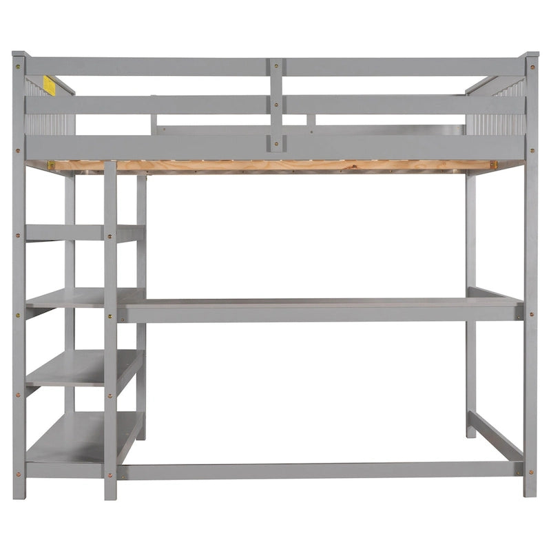 Cama alta de tamaño completo con estantes de almacenamiento y escritorio debajo de la cama, Espresso