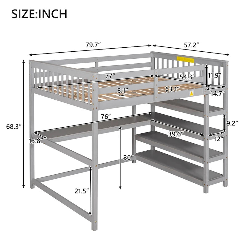 Cama alta de tamaño completo con estantes de almacenamiento y escritorio debajo de la cama, Espresso