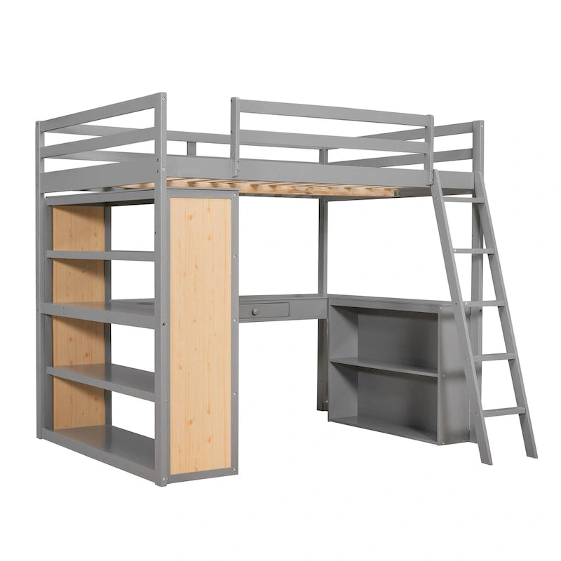 Cama alta de tamaño completo con escalera, estantes y escritorio, gris