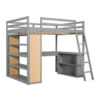 Cama alta de tamaño completo con escalera, estantes y escritorio, gris