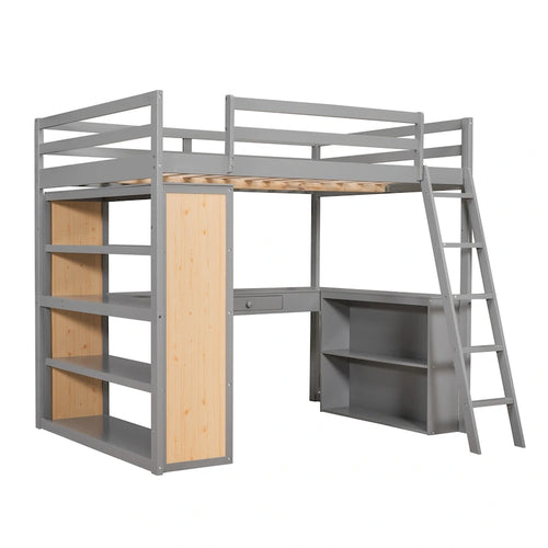 Cama alta de tamaño completo con escalera, estantes y escritorio, gris