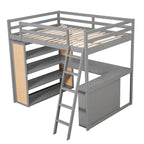 Cama alta de tamaño completo con escalera, estantes y escritorio, gris