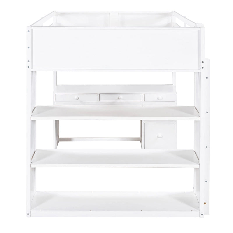 Cama alta de tamaño completo con escalera, estantes y escritorio, gris