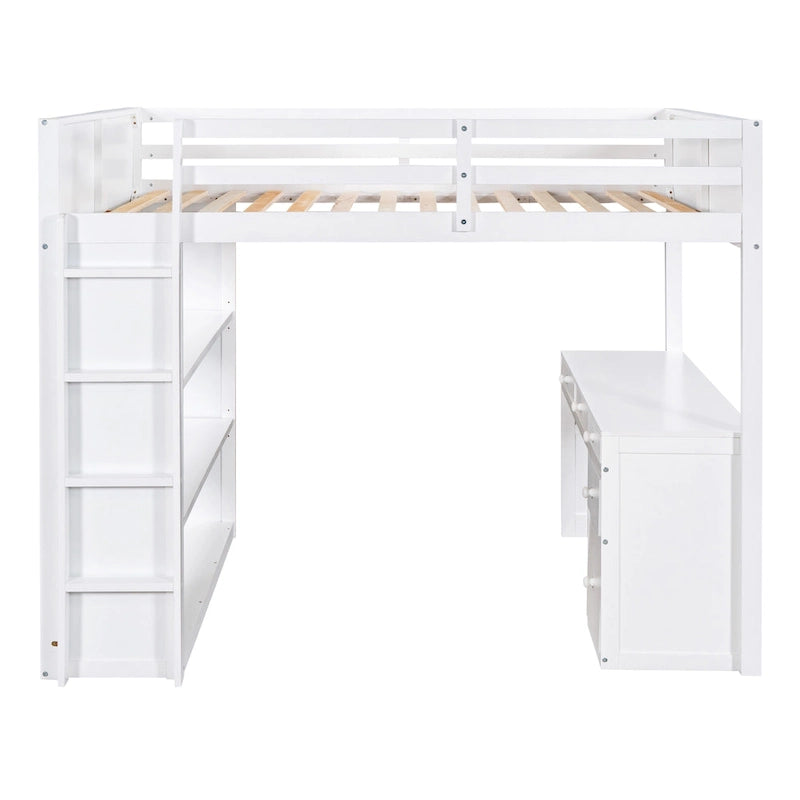 Cama alta de tamaño completo con escalera, estantes y escritorio, gris