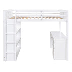 Cama alta de tamaño completo con escalera, estantes y escritorio, gris