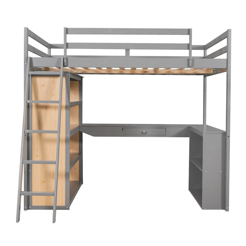 Cama alta de tamaño completo con escalera, estantes y escritorio, gris