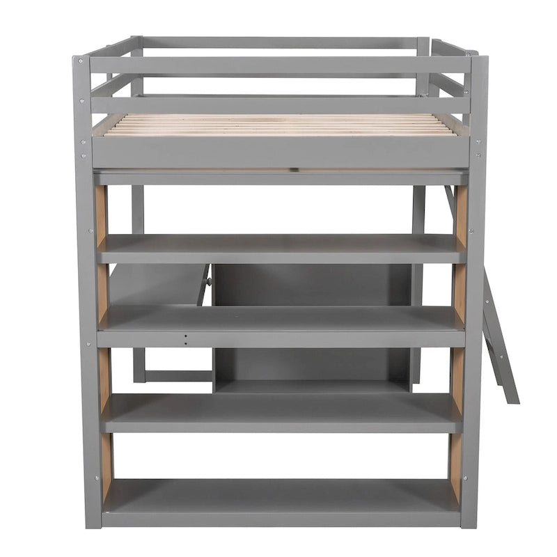 Cama alta de tamaño completo con escalera, estantes y escritorio, gris