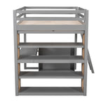 Cama alta de tamaño completo con escalera, estantes y escritorio, gris