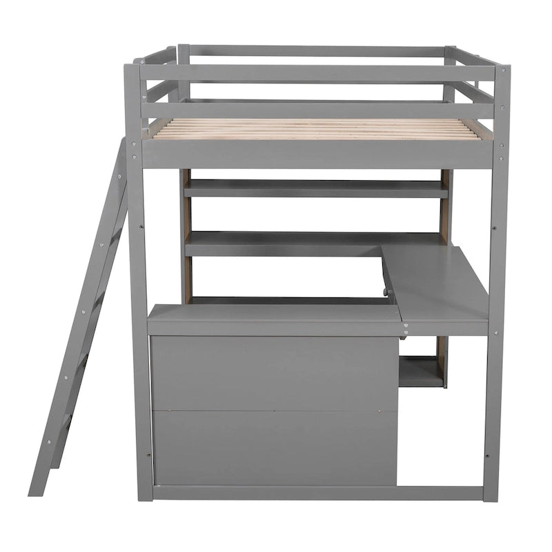 Cama alta de tamaño completo con escalera, estantes y escritorio, gris
