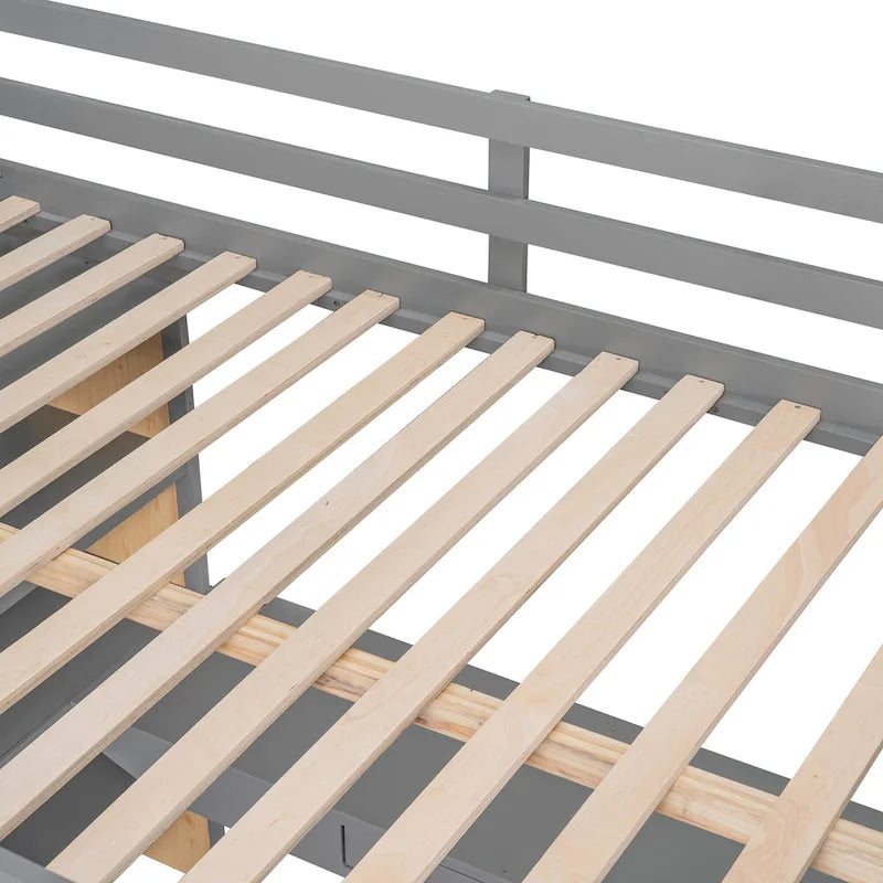Cama alta de tamaño completo con escalera, estantes y escritorio, gris