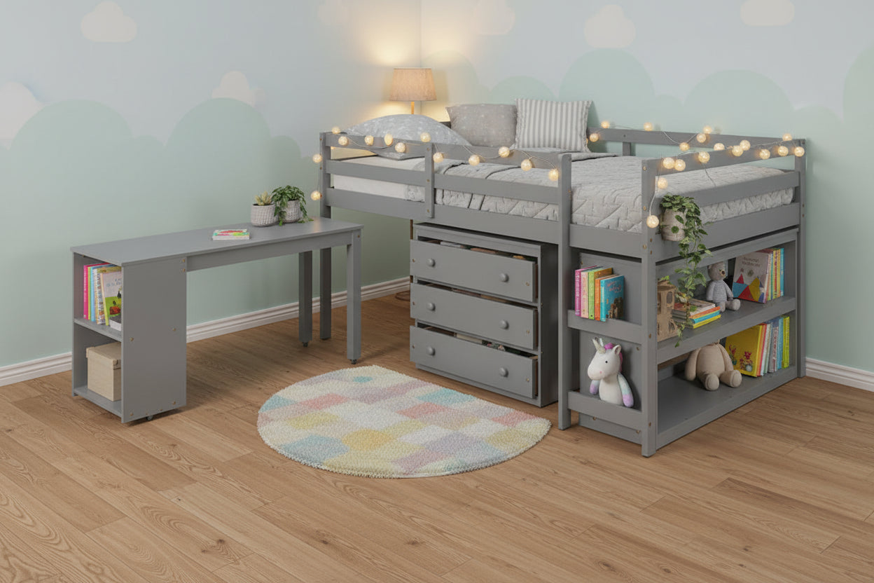 Low Study Full Loft Bed with Cabinet ,Shelves and Rolling Portable Desk ,Multiple Functions Bed- Espresso