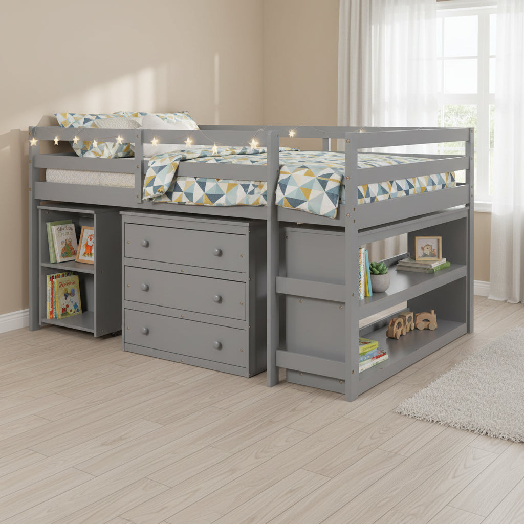 Cama alta de estudio bajo con gabinete, estantes y escritorio portátil con ruedas, cama de múltiples funciones - Espresso