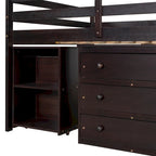 Cama alta de estudio bajo con gabinete, estantes y escritorio portátil con ruedas, cama de múltiples funciones - Espresso