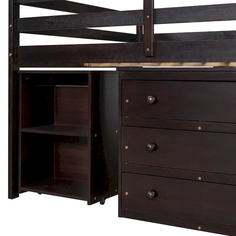 Cama alta de estudio bajo con gabinete, estantes y escritorio portátil con ruedas, cama de múltiples funciones - Espresso