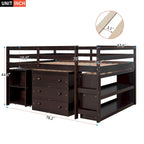 Cama alta de estudio bajo con gabinete, estantes y escritorio portátil con ruedas, cama de múltiples funciones - Espresso