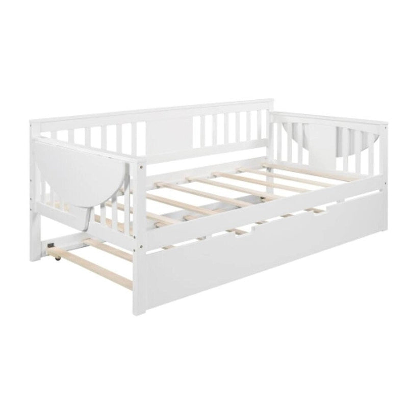 Cama de día doble de madera con cama nido en blanco