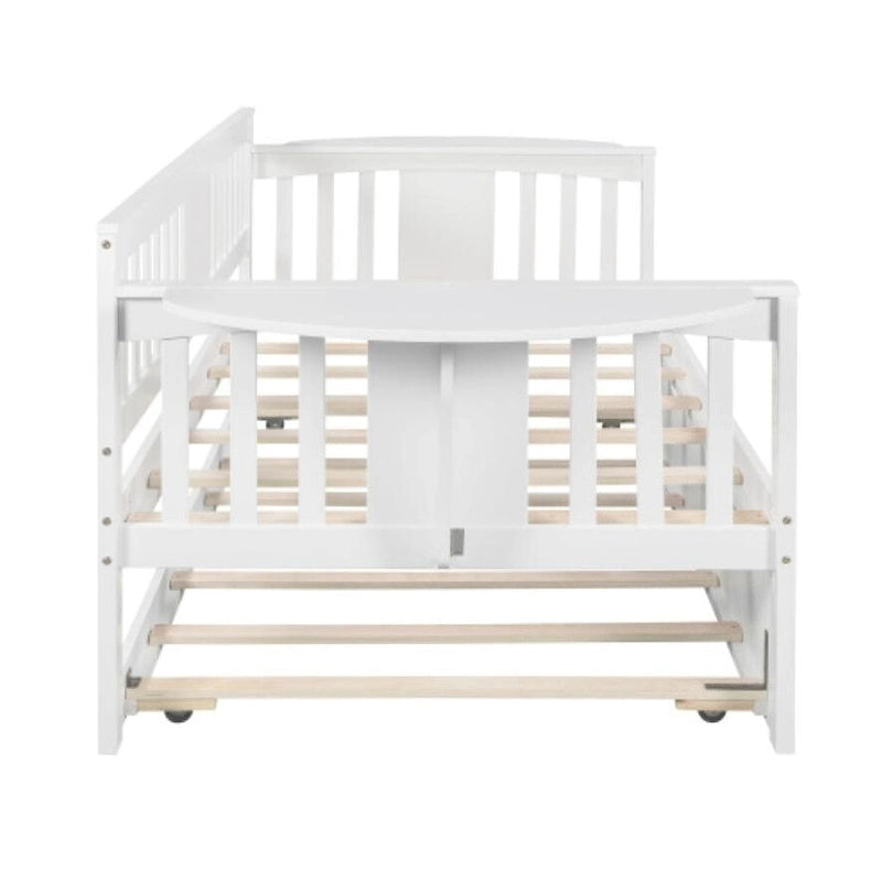 Cama de día doble de madera con cama nido en blanco