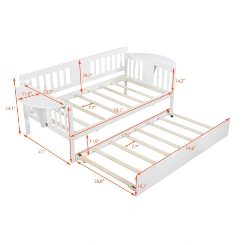 Cama de día doble de madera con cama nido en blanco
