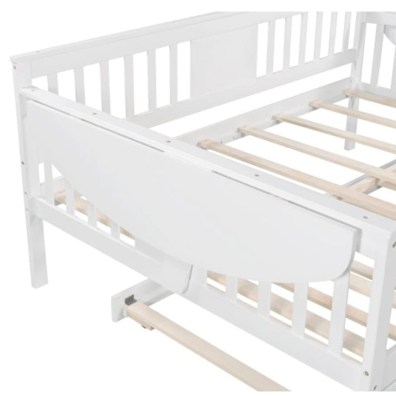 Cama nido de tamaño completo con somier de láminas de madera y nido doble, en color blanco