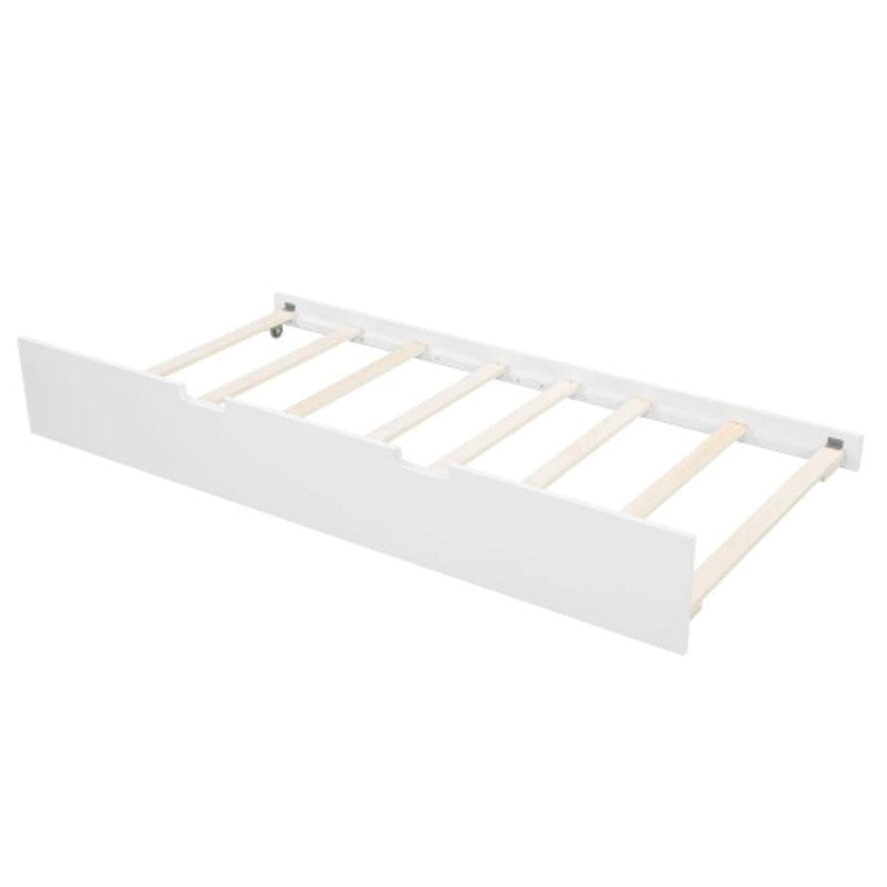 Cama nido de tamaño completo con somier de láminas de madera y nido doble, en color blanco