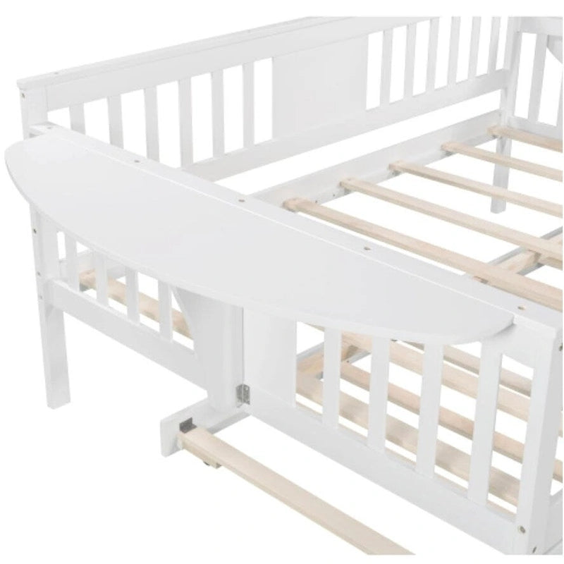 Cama nido de tamaño completo con somier de láminas de madera y nido doble, en color blanco