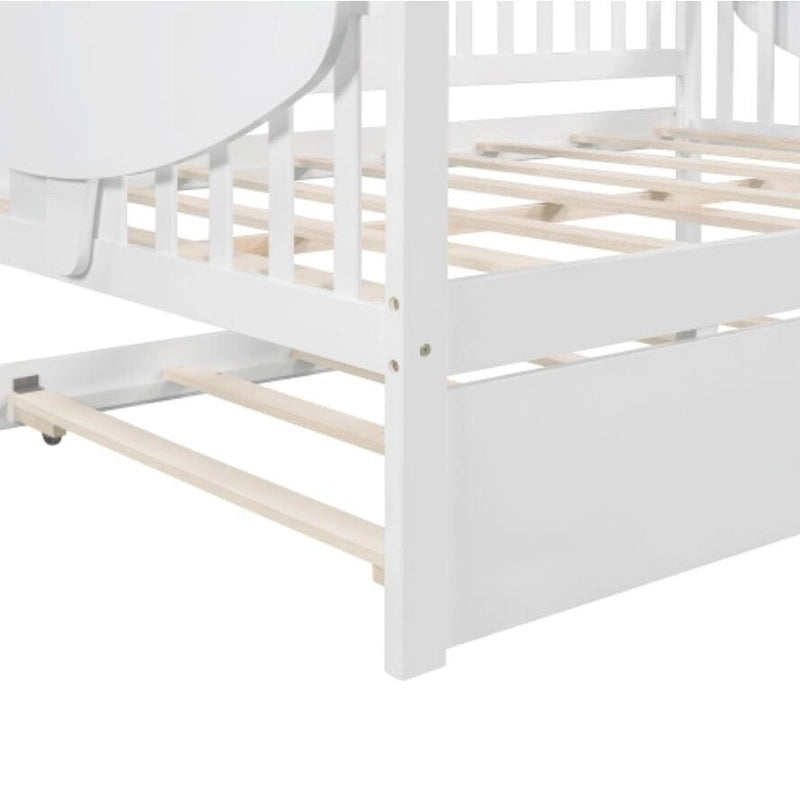 Cama nido de tamaño completo con somier de láminas de madera y nido doble, en color blanco
