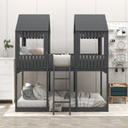 Full Over Full Wood Bunk Bed with Roof, Window, Guardrail, Ladder