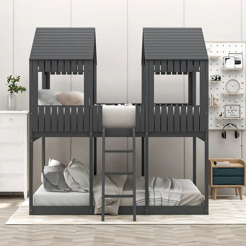 Full Over Full Wood Bunk Bed with Roof, Window, Guardrail, Ladder