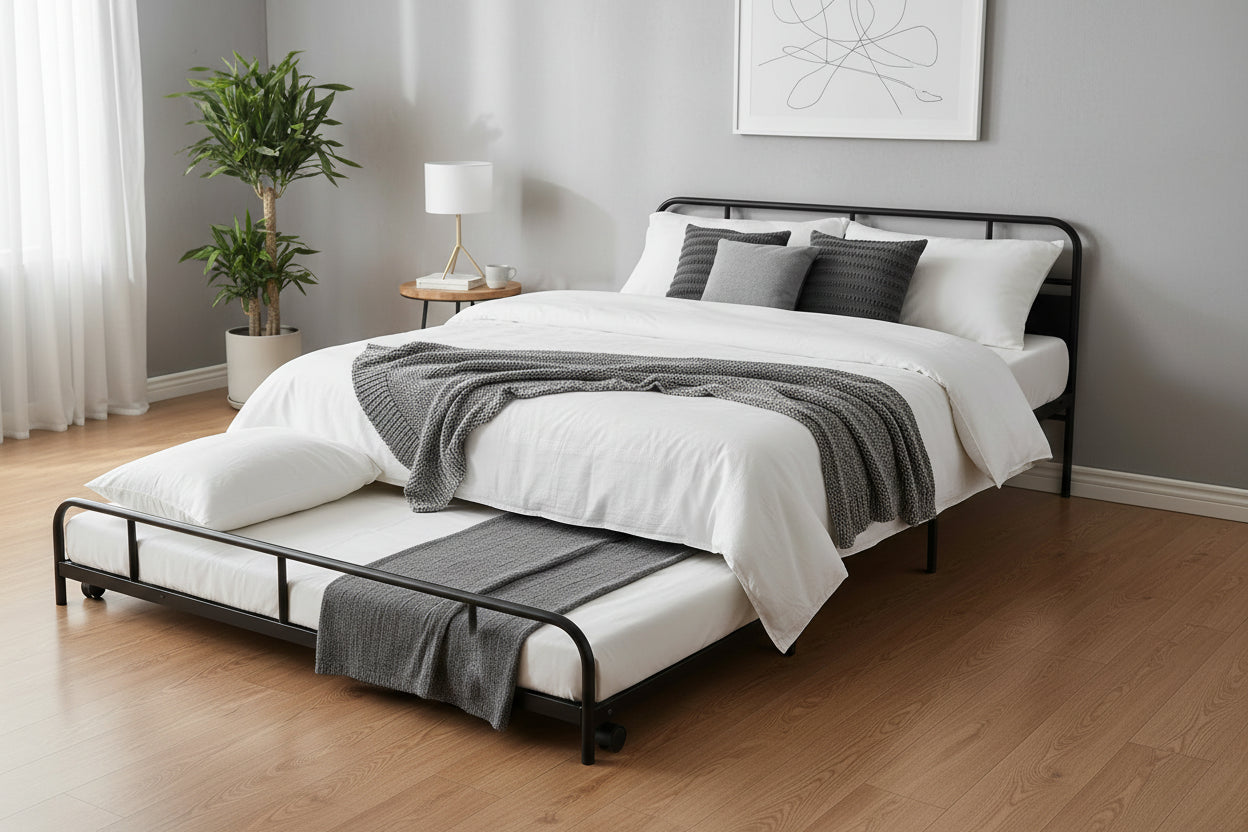 Metal Daybed Platform Bed Frame with Trundle Built-in Casters, Twin Size